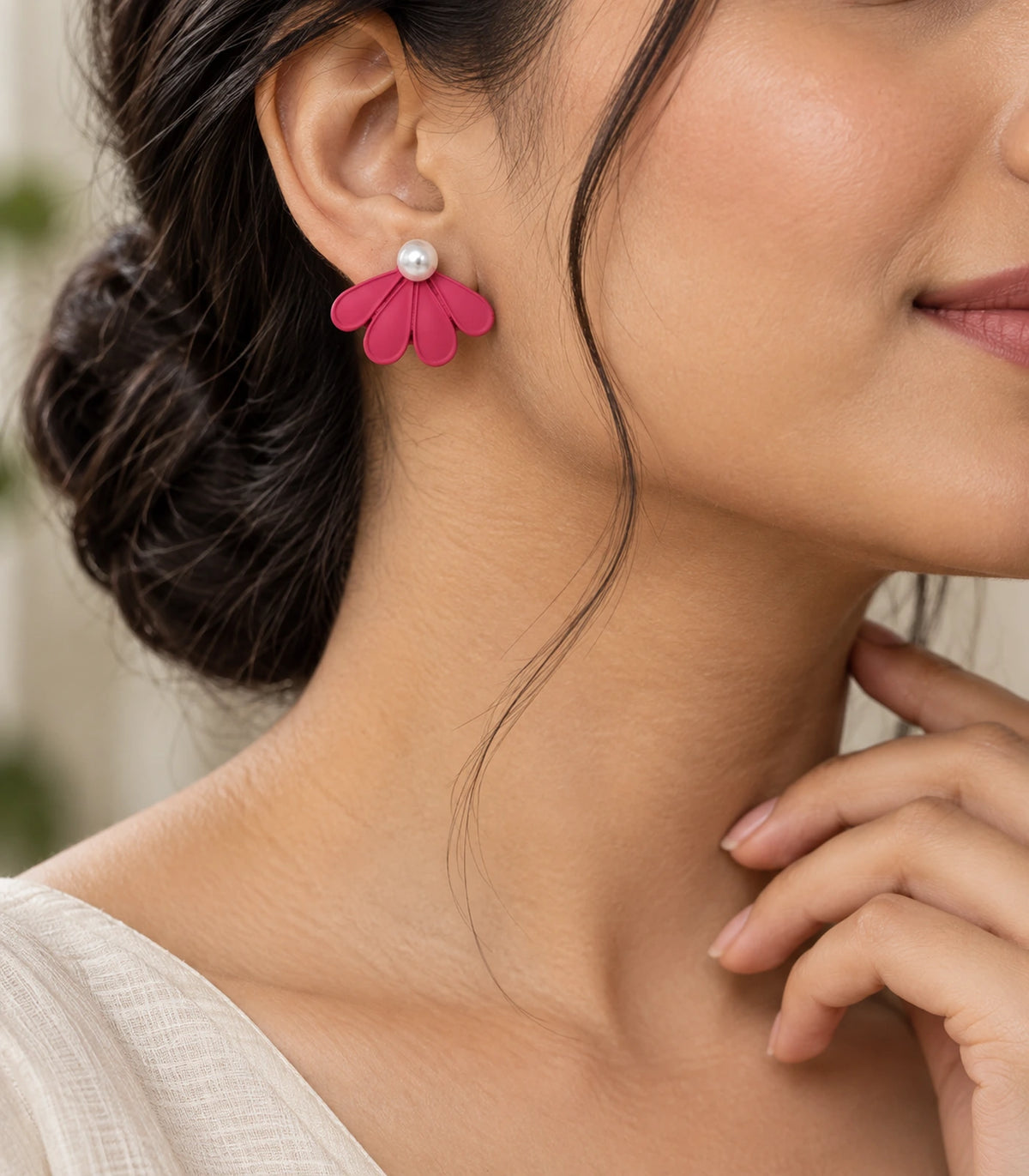 JIMIKI Raspberry Pink pearl fan petal stud earrings, styled worn editorial view #color_raspberry pink