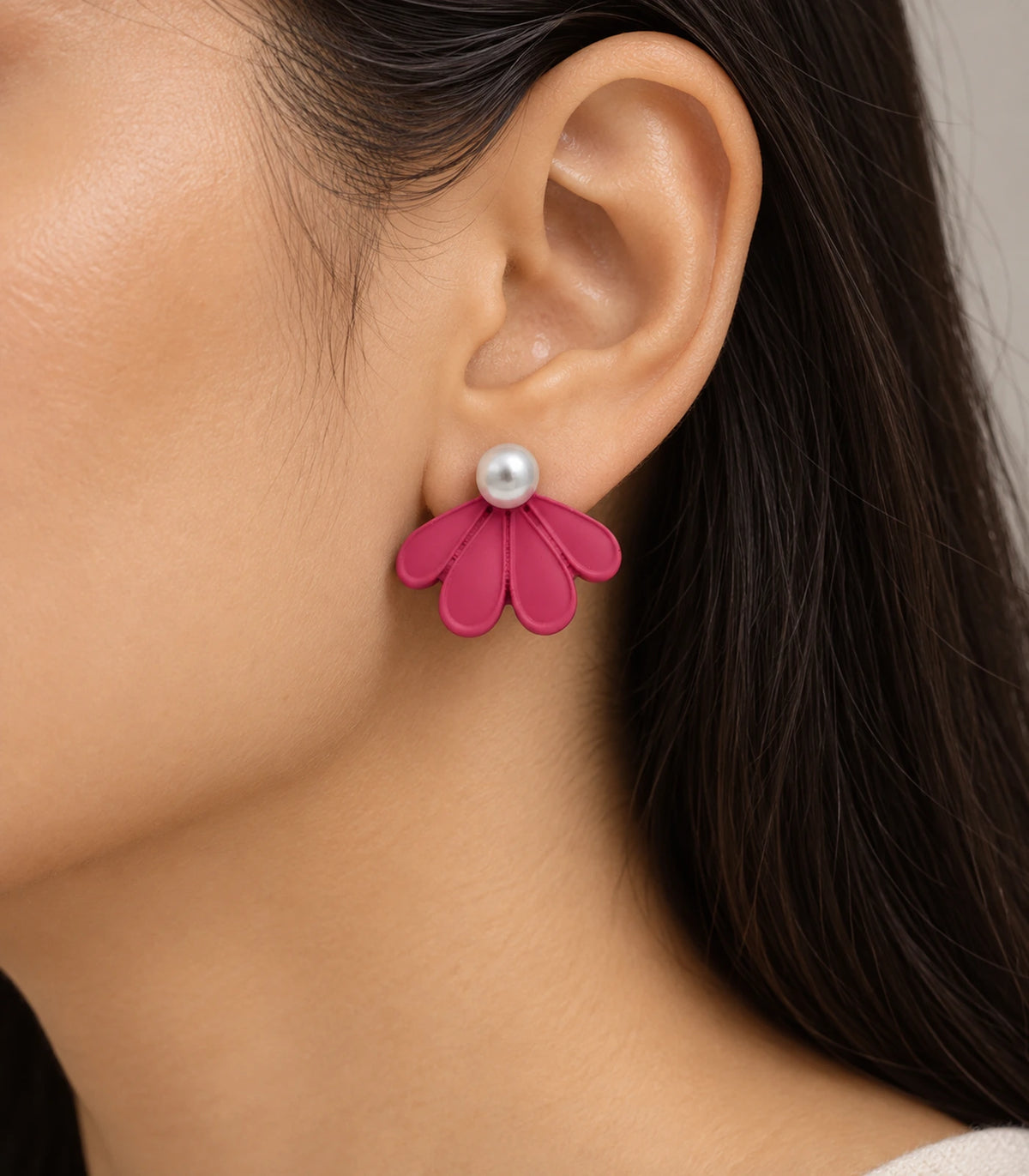 JIMIKI Raspberry Pink pearl fan petal stud earrings, naturally worn on the ear #color_raspberry pink