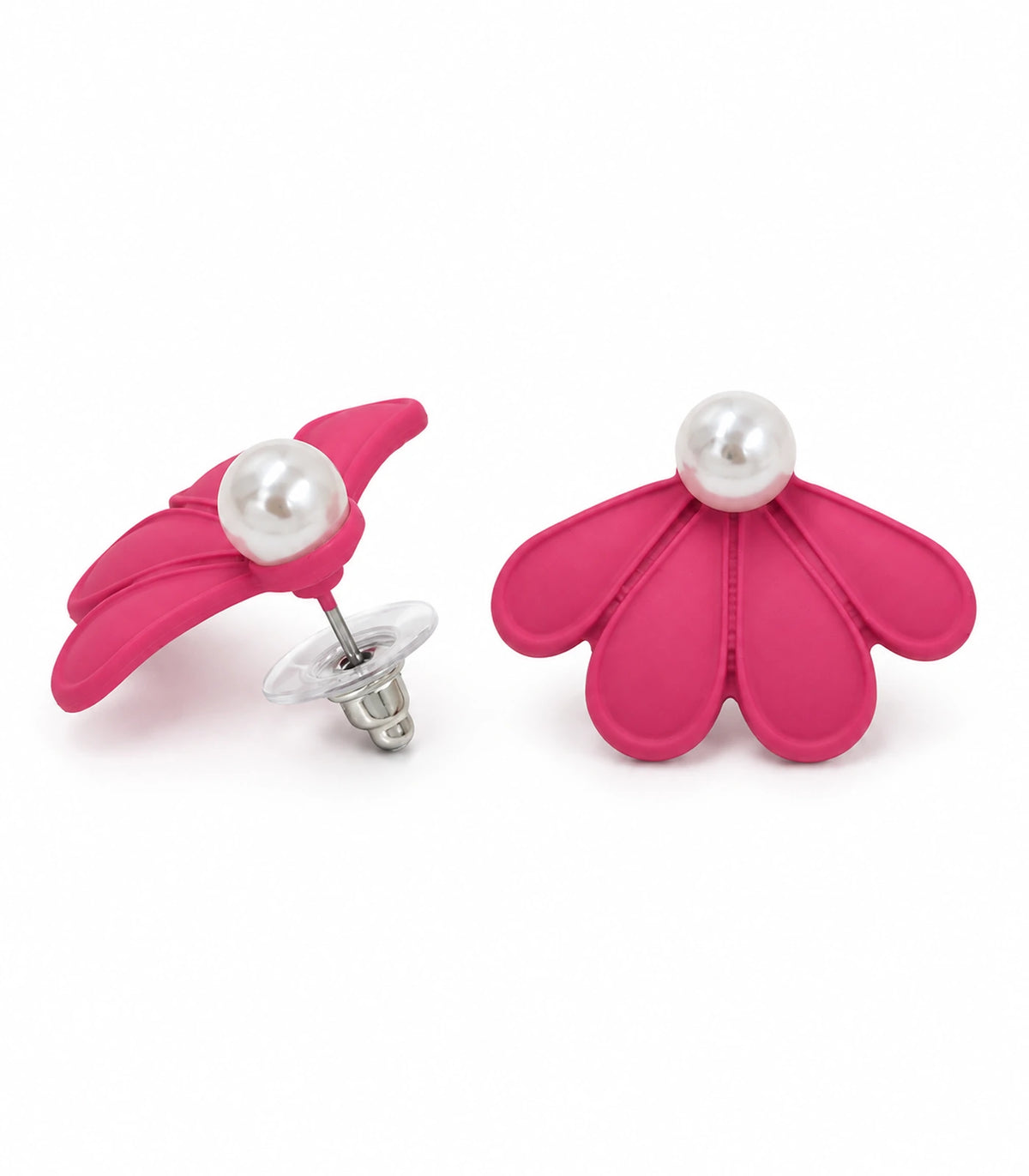 JIMIKI Raspberry Pink pearl fan petal stud earrings, pair on a white background #color_raspberry pink