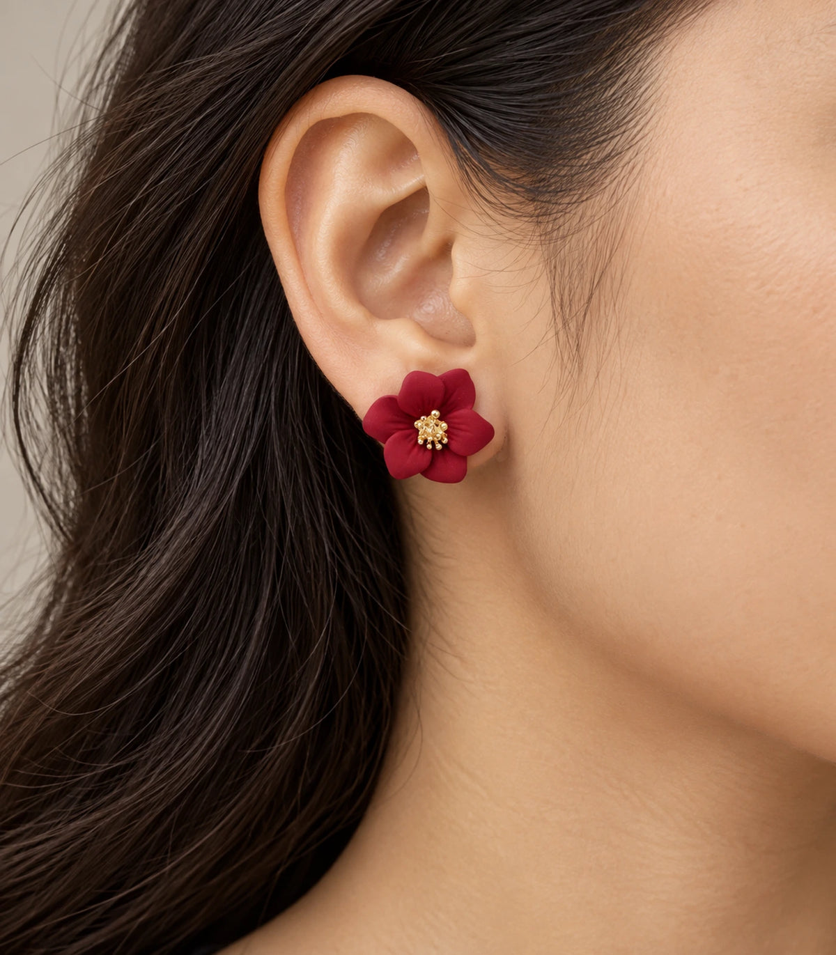 JIMIKI Red compact six petal flower stud earrings, flower stud worn at the ear #color_red
