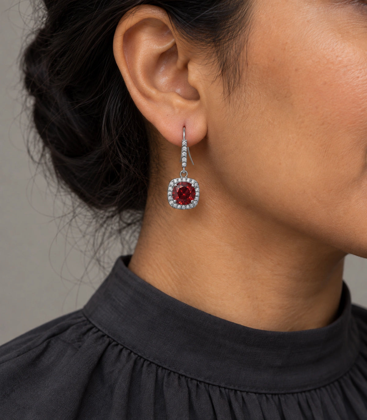JIMIKI Crystal Cushion Halo Hook Earring Pair in Silver tone / red, model wearing view #color_silver tone / red