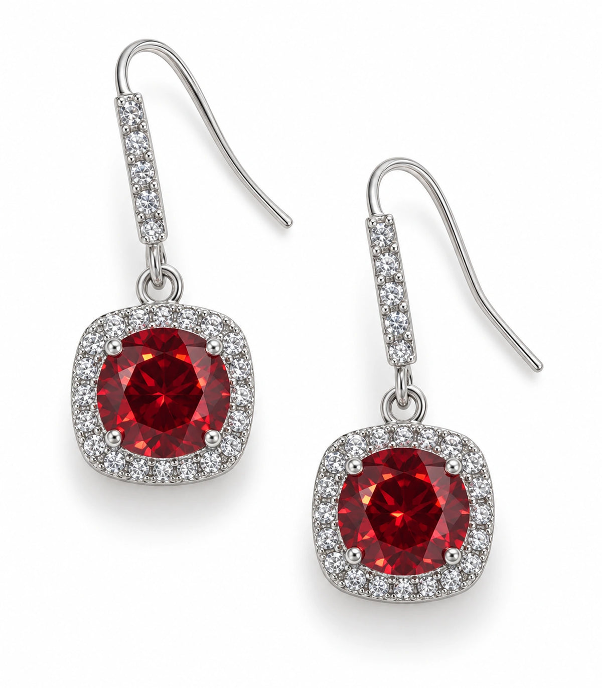 JIMIKI Crystal Cushion Halo Hook Earring Pair in Silver tone / red, white background product view #color_silver tone / red