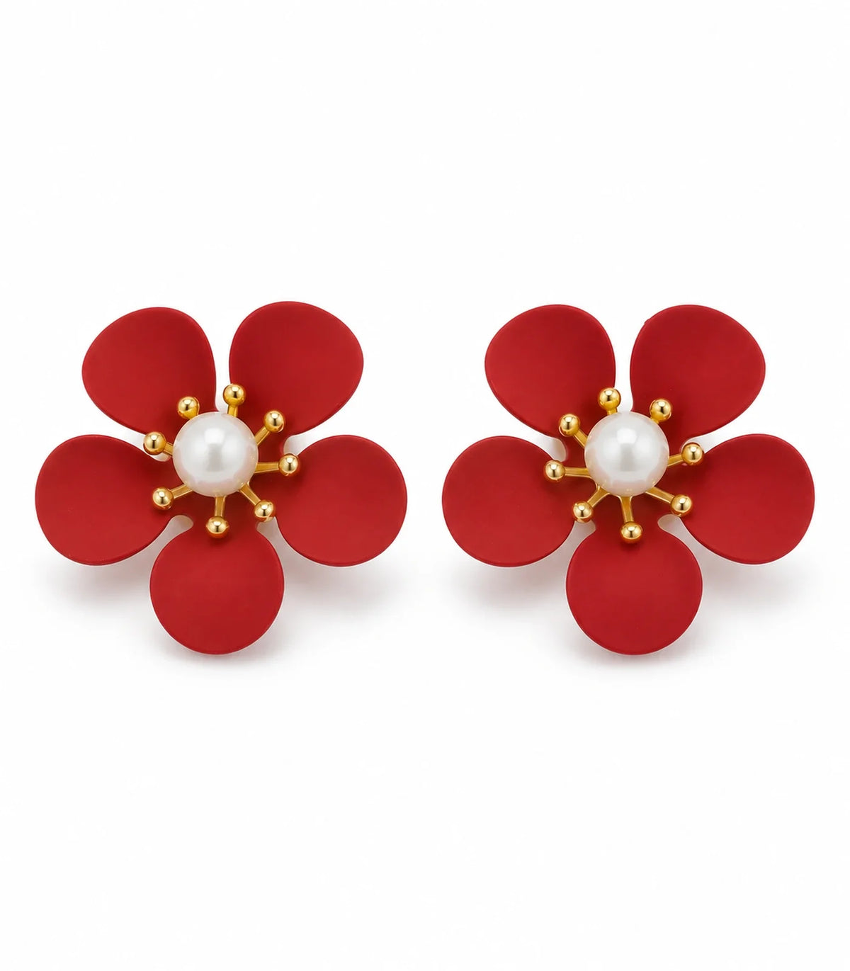 Red five-petal pearl flower stud earrings on white background