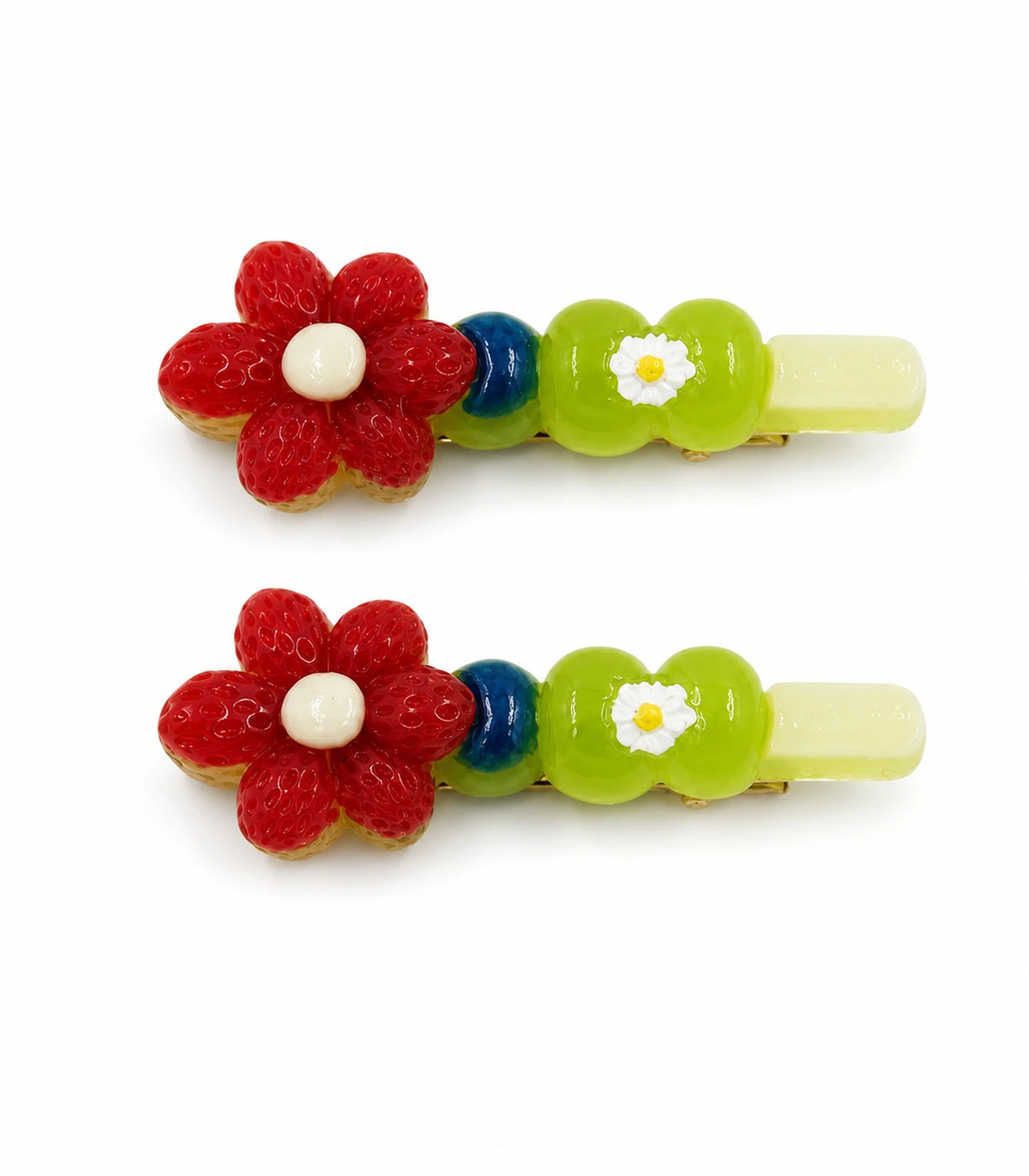 Red Flower Green Daisy Barrette Pair on a clean white background