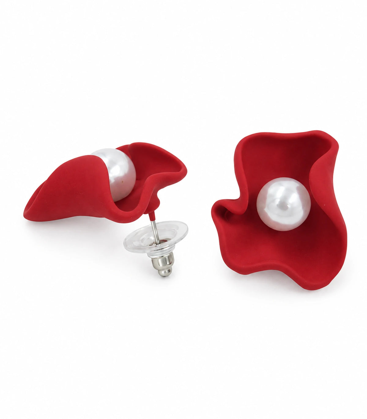 JIMIKI Folded Calla Pearl Stud Earrings, Red — pair on white background #color_red