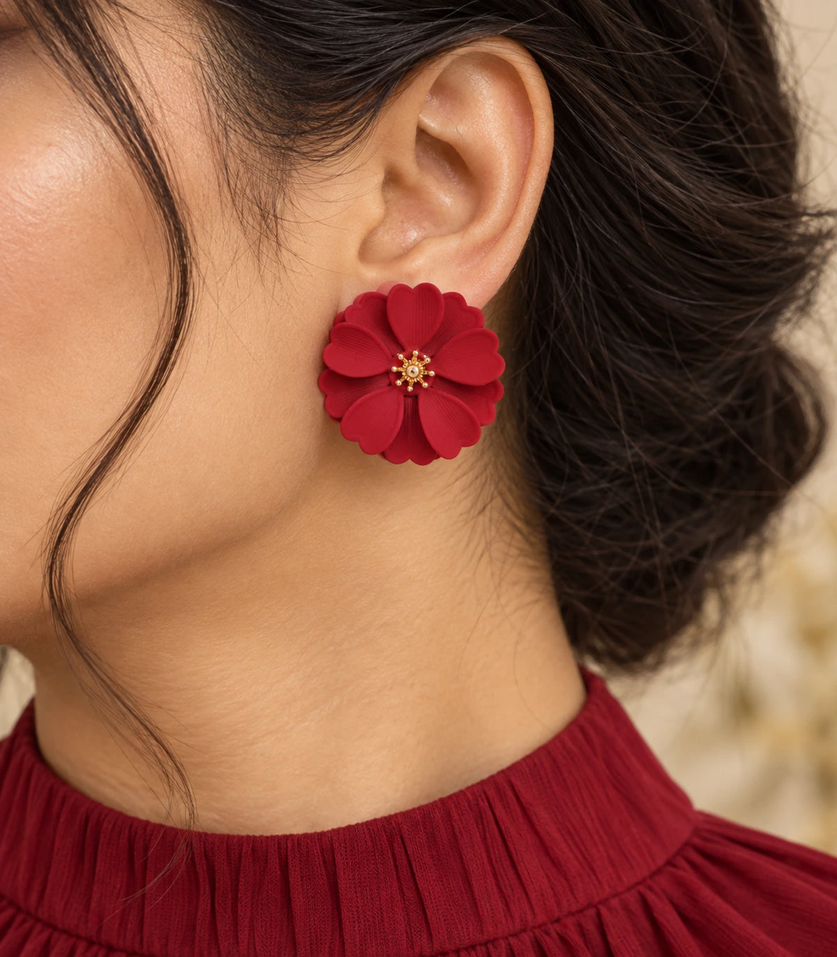 JIMIKI Red Layered Daisy Stud Earrings - earring worn in editorial styling #color_red