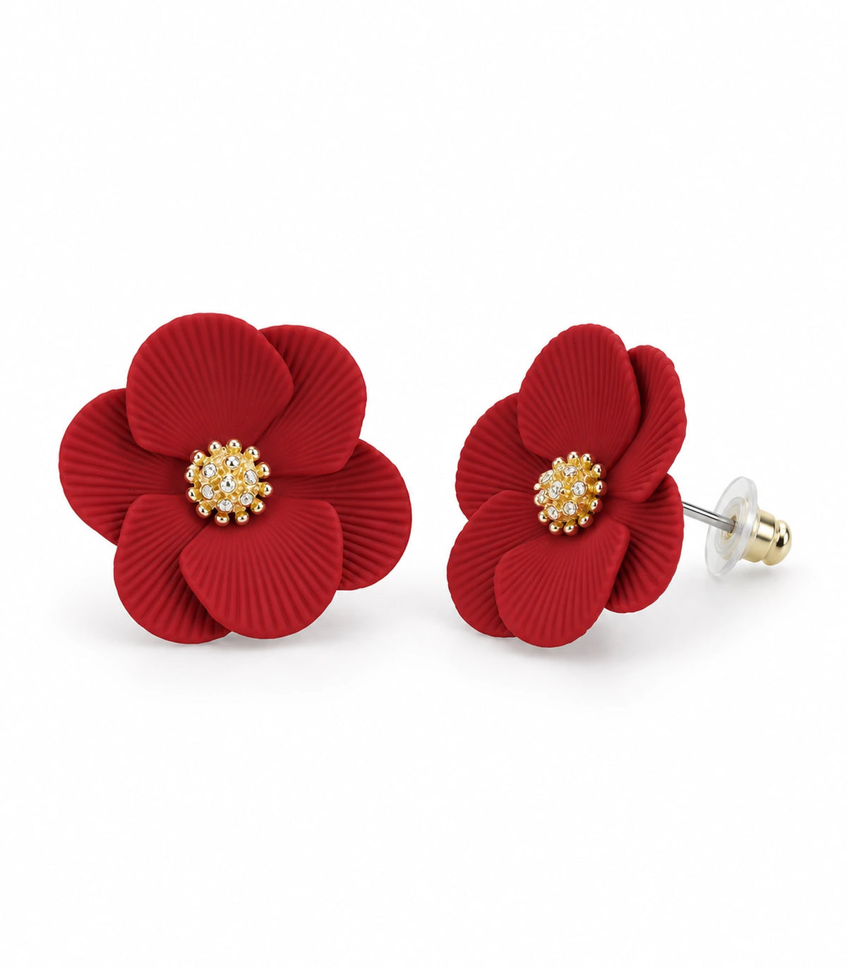 JIMIKI Red ribbed flower stud earrings, pair on a white background #color_red