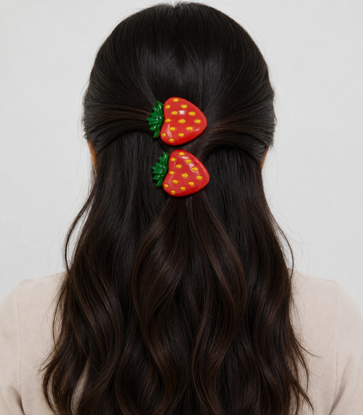 Model wearing the Red Strawberry Clip Pair