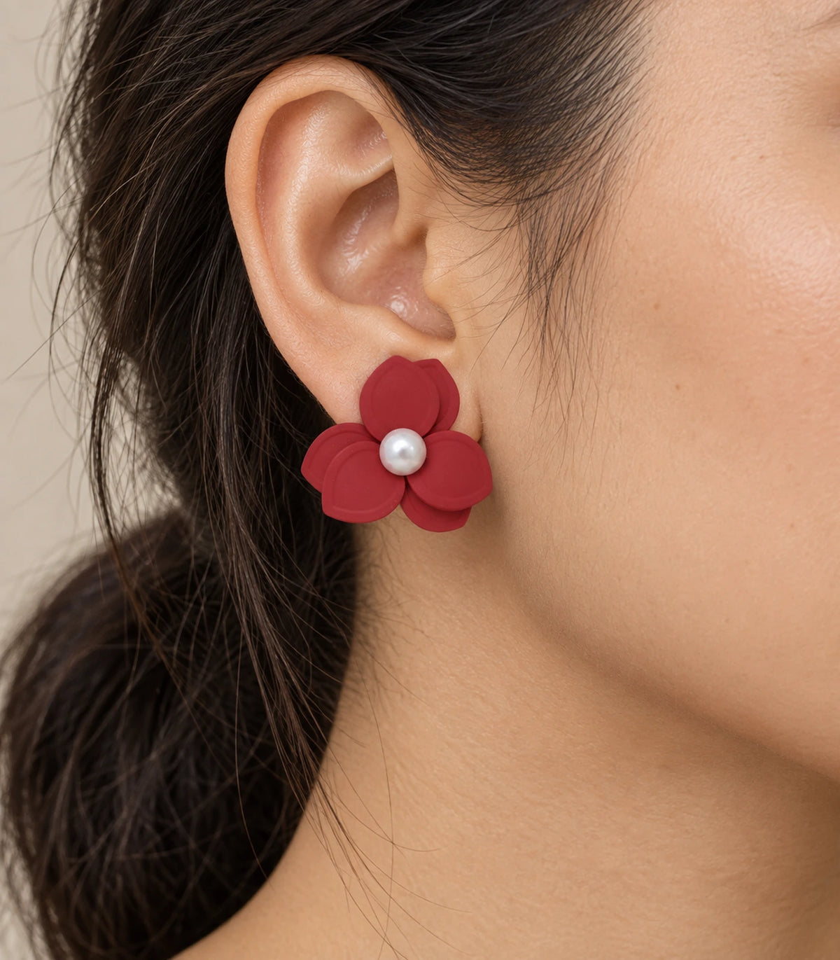 JIMIKI Red Triple Petal Pearl Flower Stud Earrings - earring worn on model #color_red