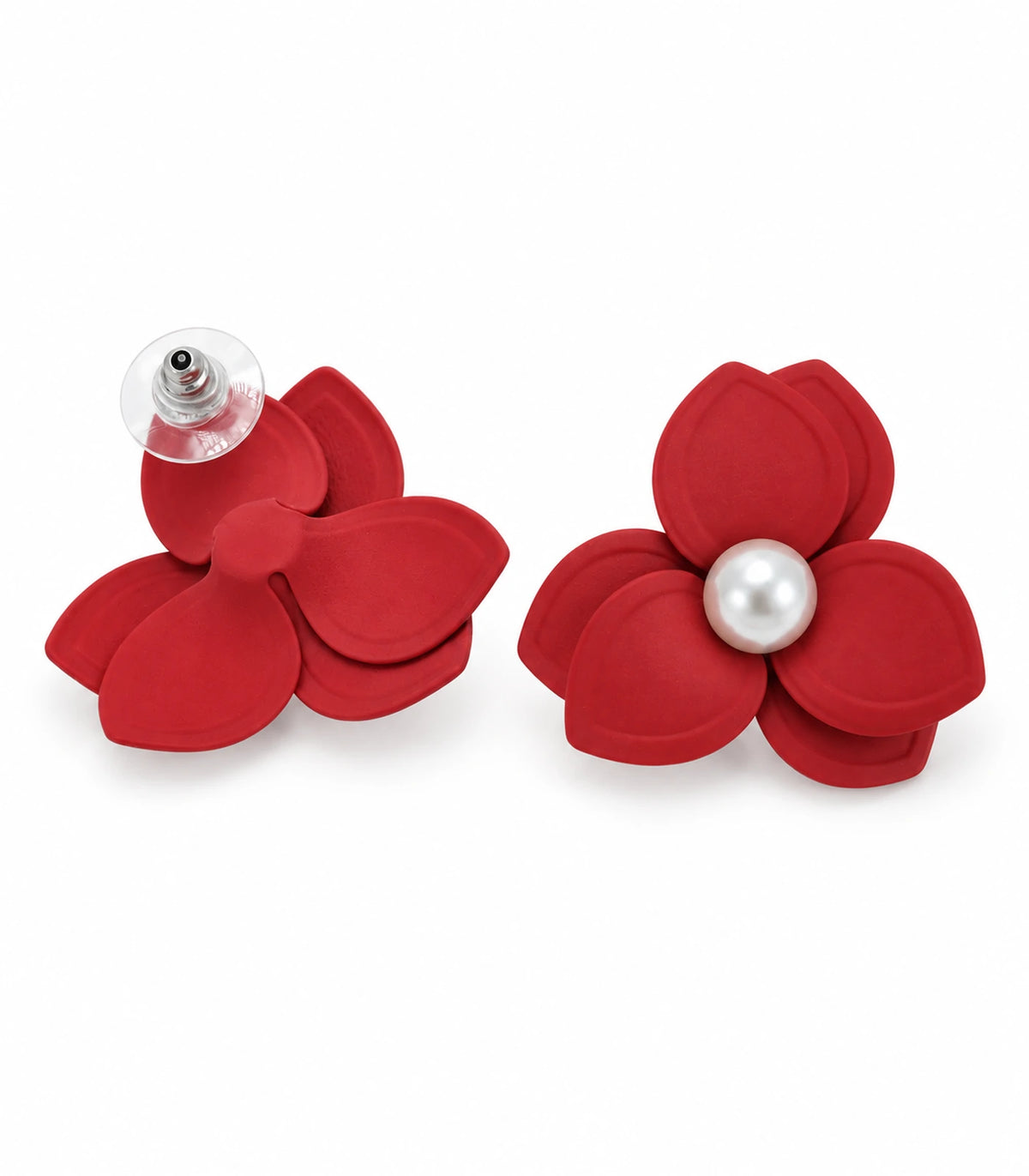 JIMIKI Red Triple Petal Pearl Flower Stud Earrings - pair on white background #color_red