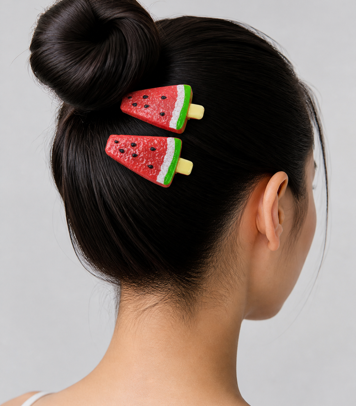 Red Watermelon Barrette Pair styled editorial view