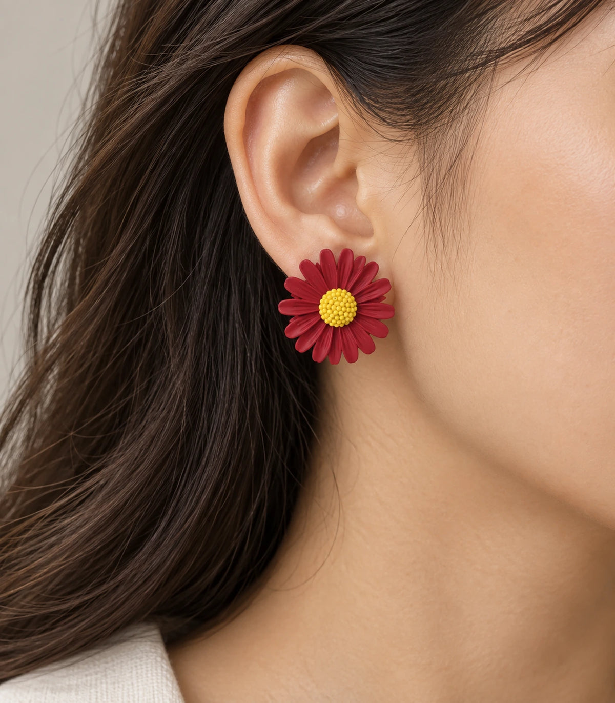 JIMIKI Red yellow centre daisy stud earrings, stud worn on the ear #color_red