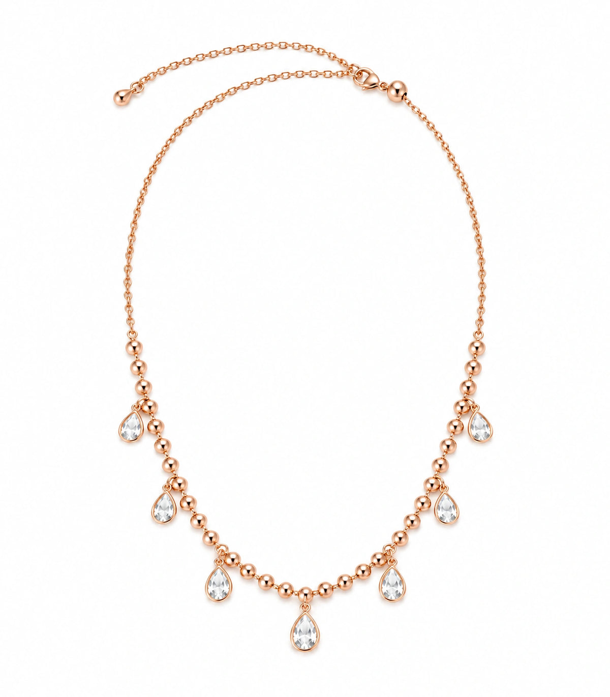 JIMIKI Rose-Gold Bead and Pear-Crystal Drop Necklace in Rose Gold - necklace on white #color_rose-gold