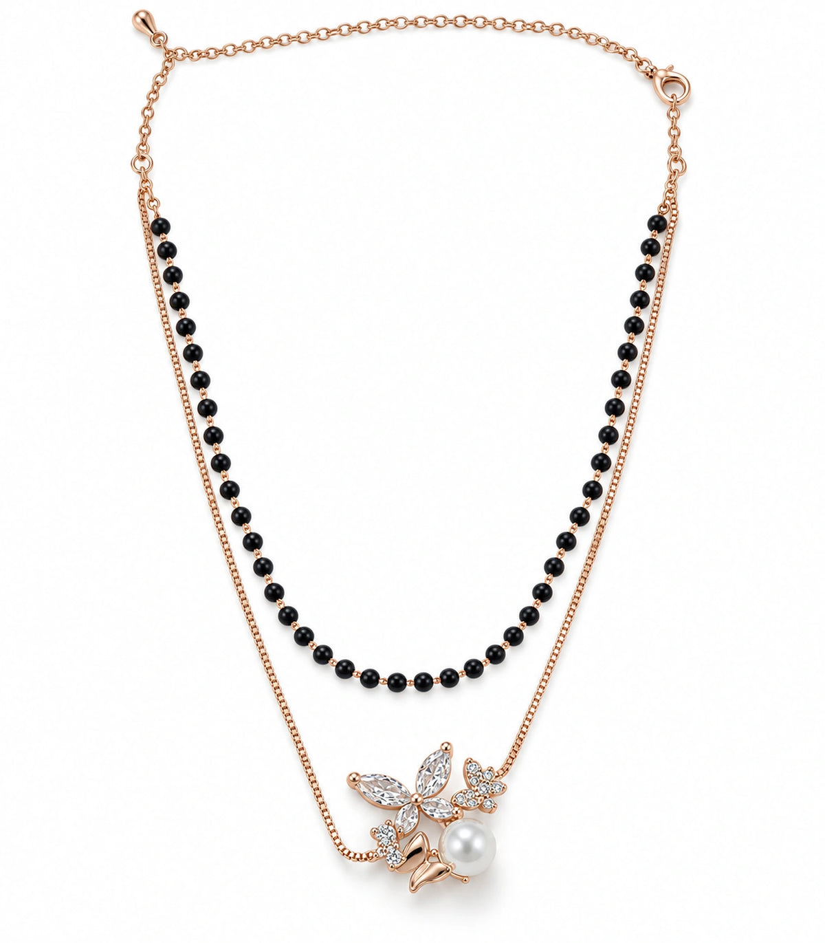 JIMIKI Rose-Gold Black-Bead Crystal-Butterfly Pearl Layered Necklace in Rose Gold / Black - necklace on white #color_rose-gold-black