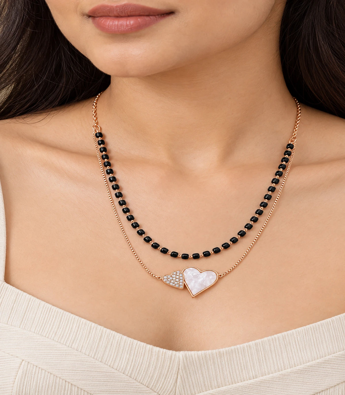 Rose Gold Black Bead Nacre Heart Layered Necklace – model