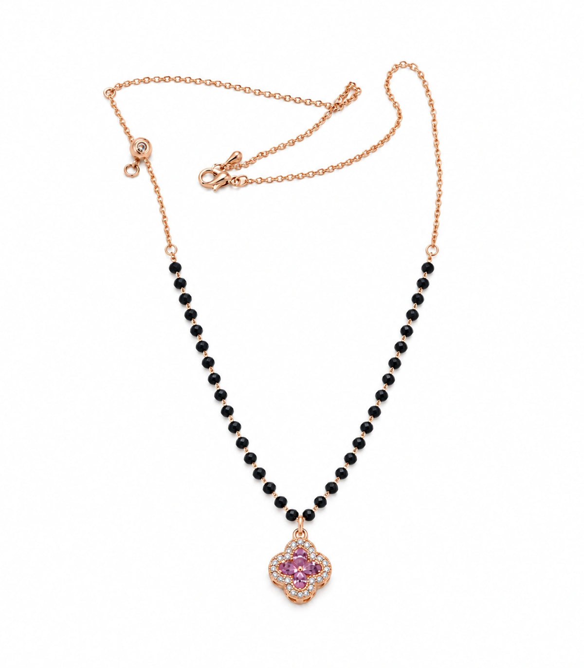 Rose Gold Black Bead Pink Quatrefoil Pendant Necklace – white background