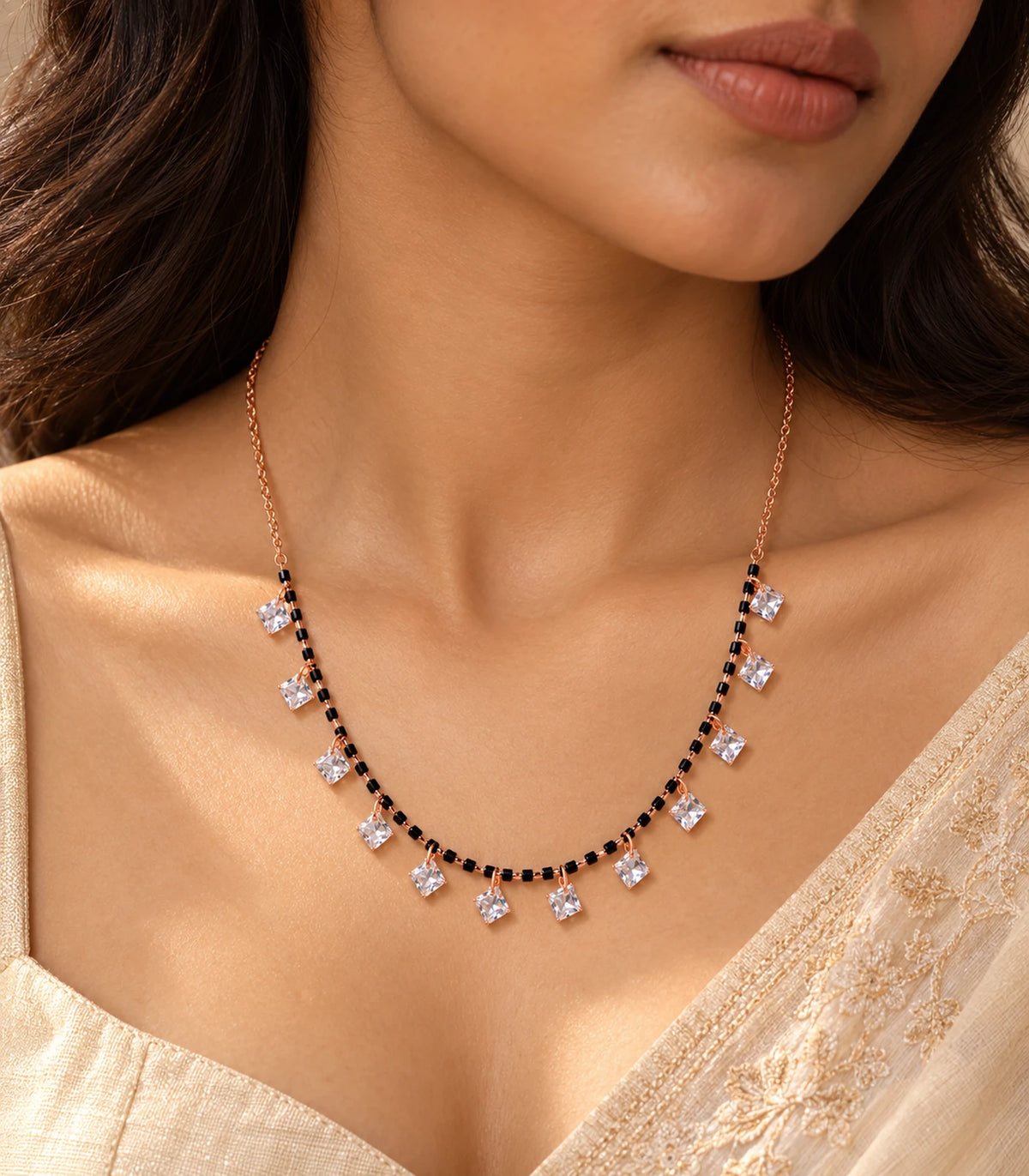 Rose Gold Black Bead Square Crystal Charm Necklace – editorial model