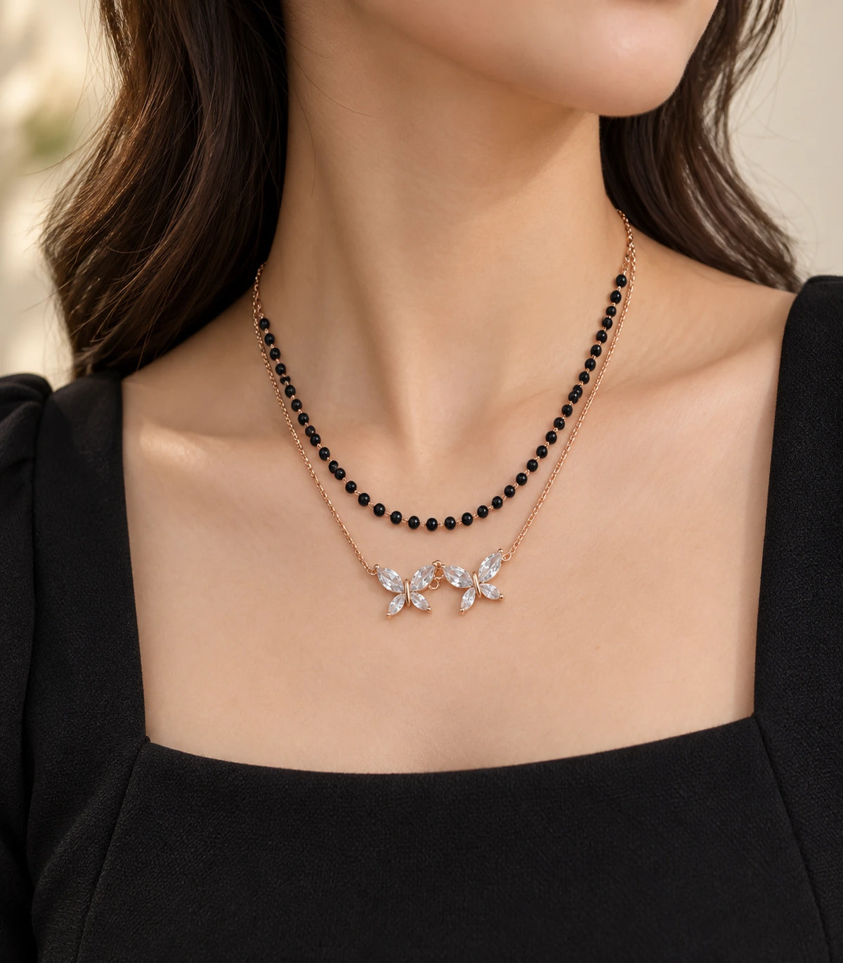 Rose Gold Black Bead Twin Butterfly Layered Necklace – editorial model
