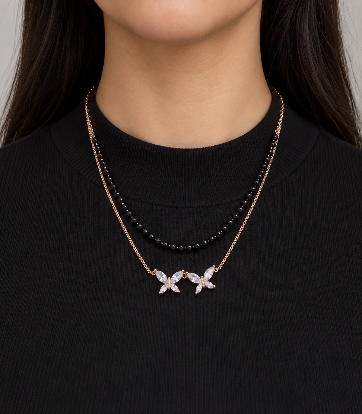 Rose Gold Black Bead Twin Butterfly Layered Necklace – model