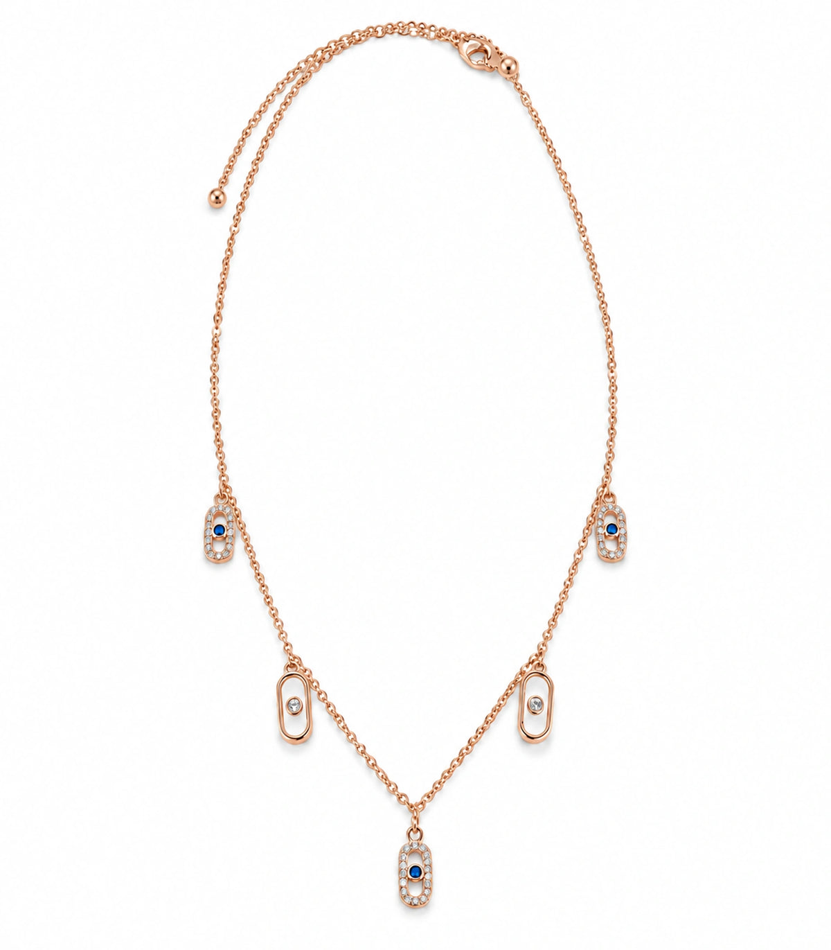 JIMIKI Rose Gold Blue Clear Oval Station Necklace - complete five-oval necklace on white background #color_rose-gold