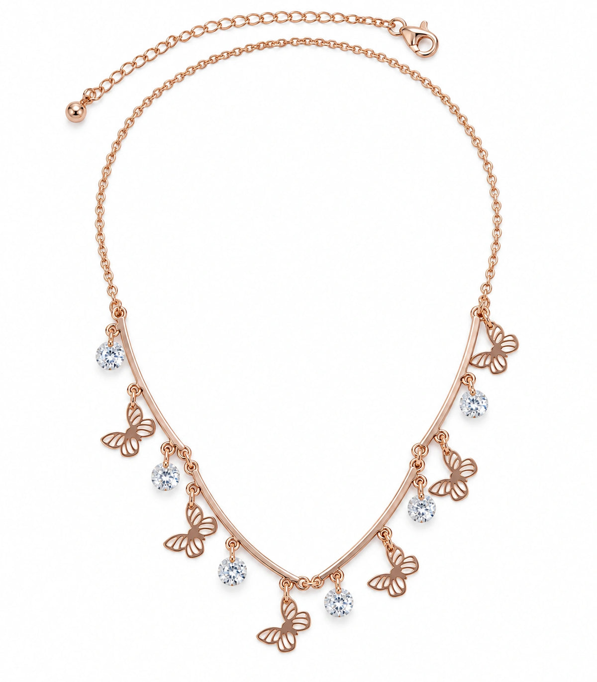 JIMIKI Rose Gold Butterfly Crystal Charm Collar Necklace in Rose Gold - necklace on white #color_rose-gold