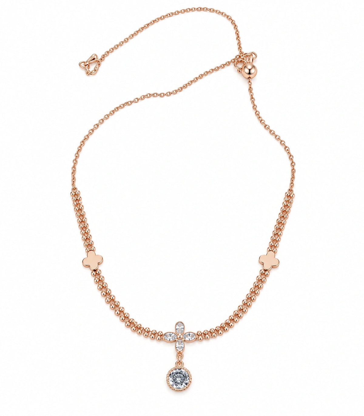 JIMIKI Clover Crystal Flower Drop Necklace in Rose Gold - necklace on white #color_rose-gold