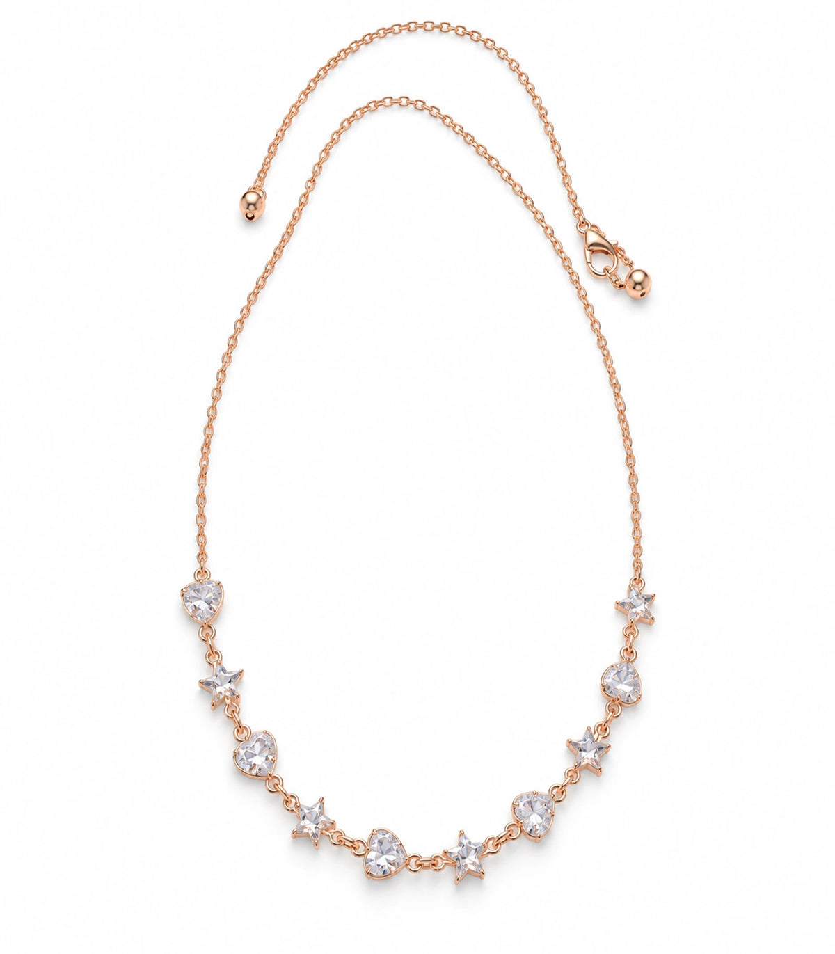 JIMIKI Rose Gold Crystal Heart Star Station Necklace - complete heart and star necklace on white background #color_rose-gold