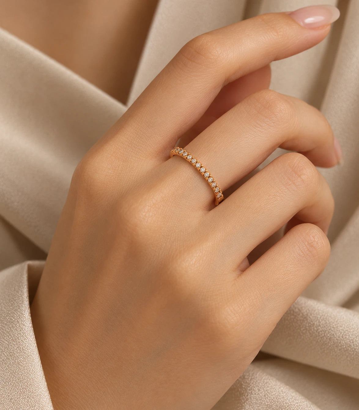 JIMIKI Rose Gold Curved Crystal Row Adjustable Ring in Rose Gold - editorial worn view #color_rose-gold