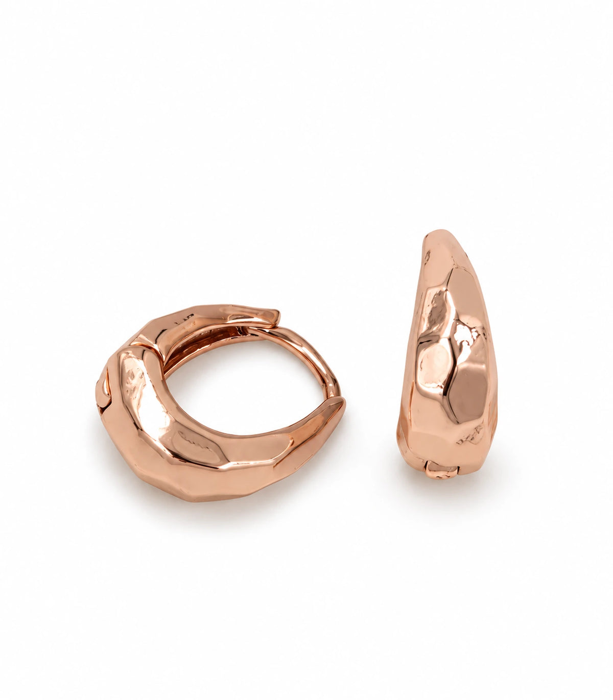 JIMIKI rose gold faceted huggie hoop earrings, matching pair on white background #color_rose-gold-tone