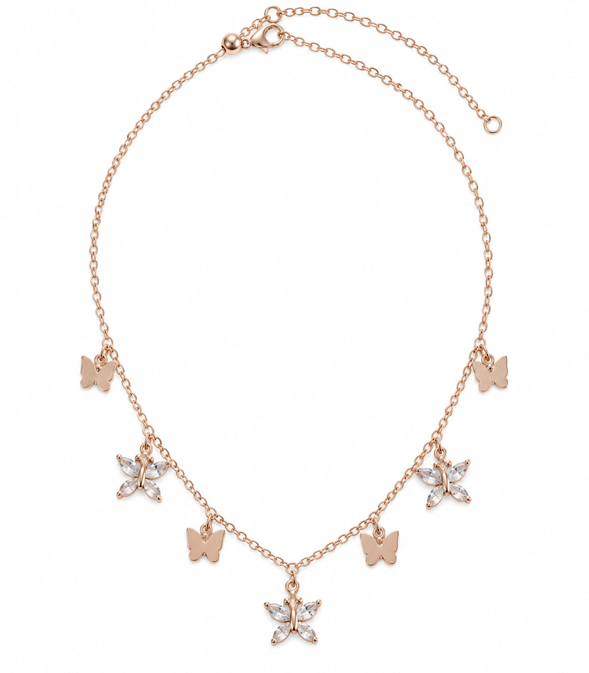 JIMIKI Rose Gold Mixed Butterfly Charm Necklace in Rose Gold - necklace on white #color_rose-gold