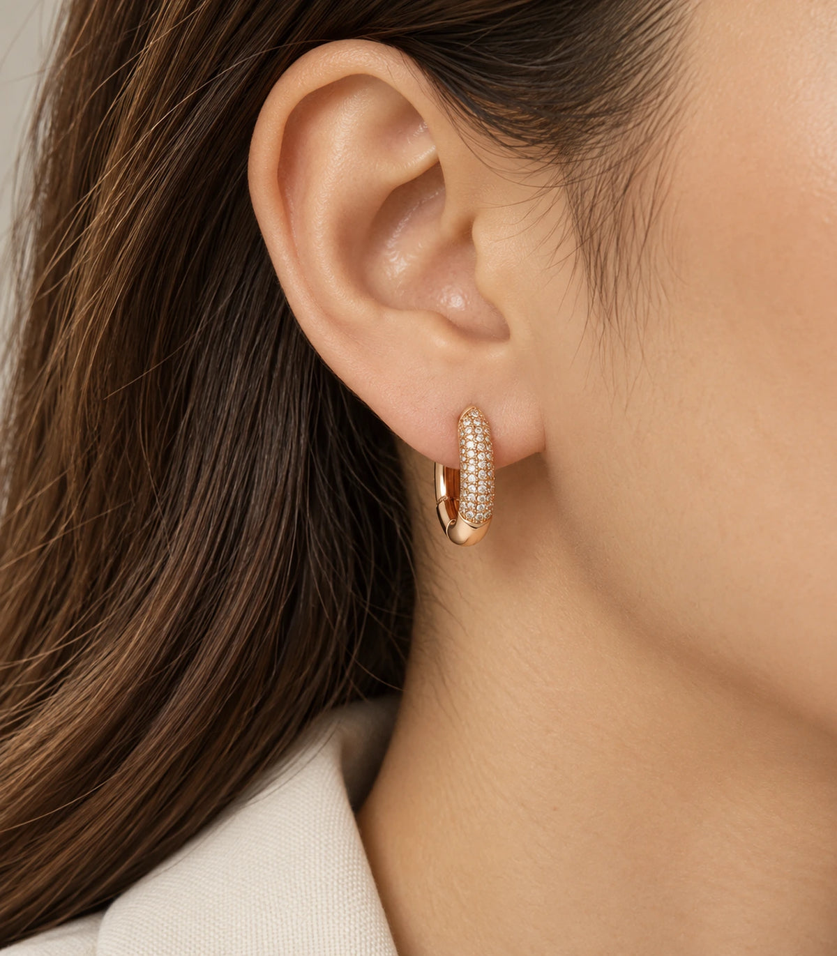JIMIKI Pave Bar Huggie Hoop Earrings in Rose Gold Tone - model #color_rose-gold-tone