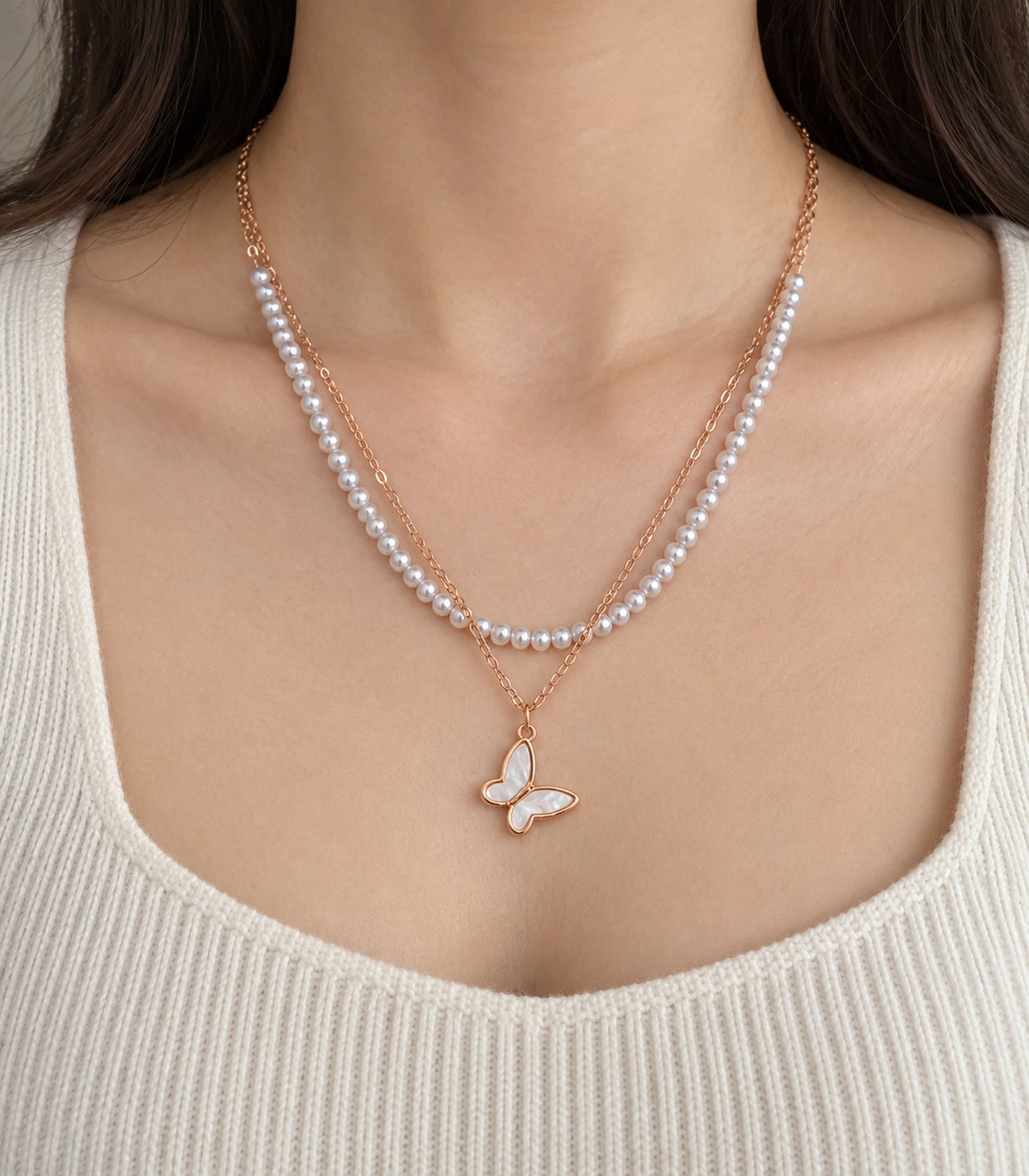 Rose Gold Pearl Butterfly Layered Necklace – closeup