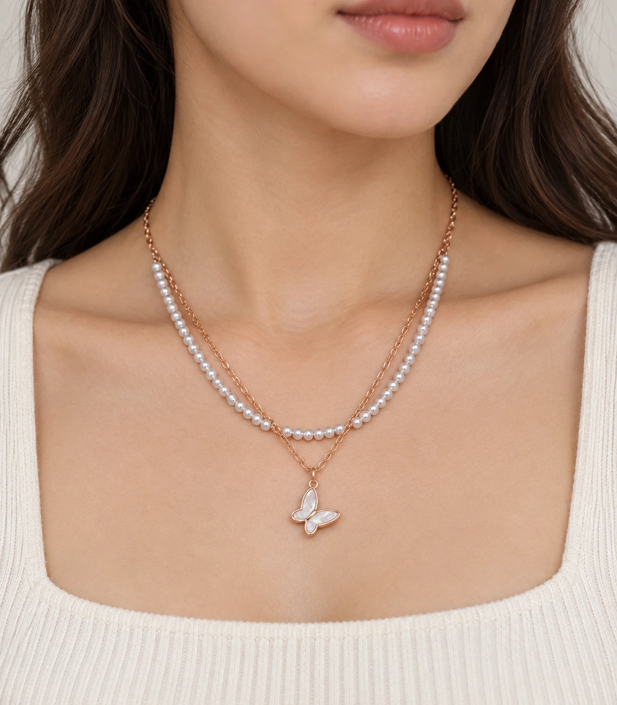 Rose Gold Pearl Butterfly Layered Necklace – model