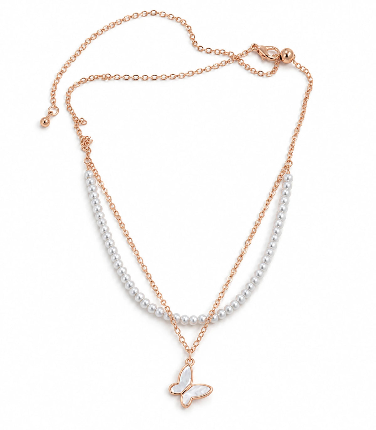 Rose Gold Pearl Butterfly Layered Necklace – white background