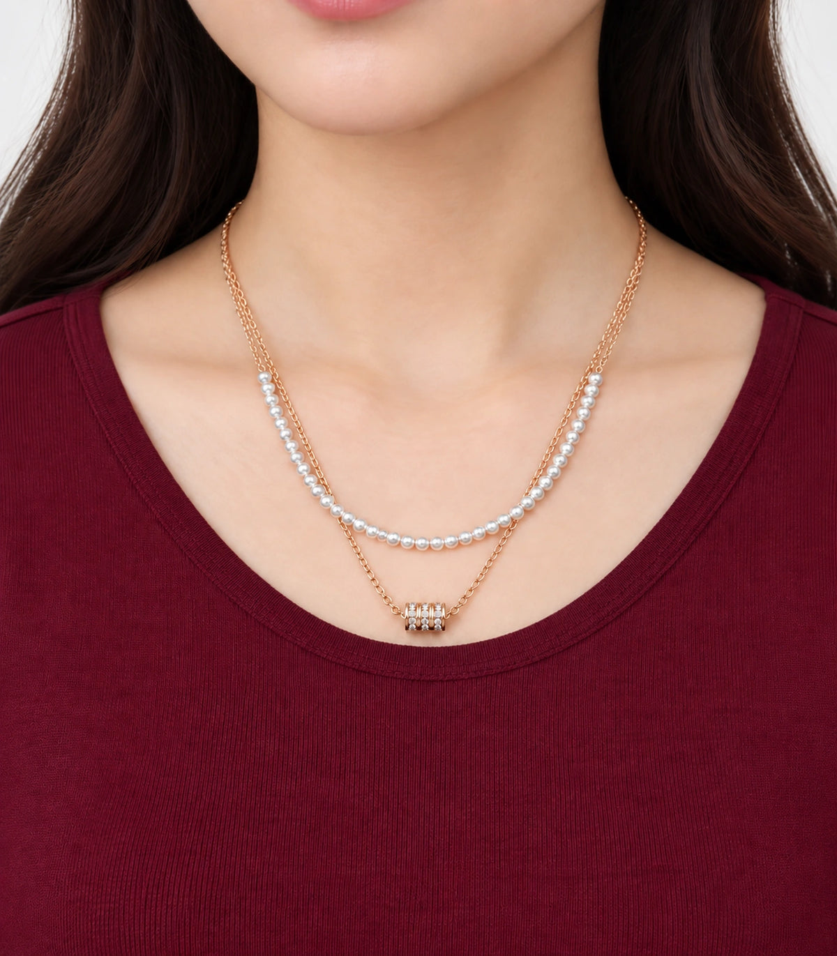 JIMIKI Rose-Gold Pearl and Crystal-Barrel Layered Necklace in Rose Gold - worn styling view #color_rose-gold
