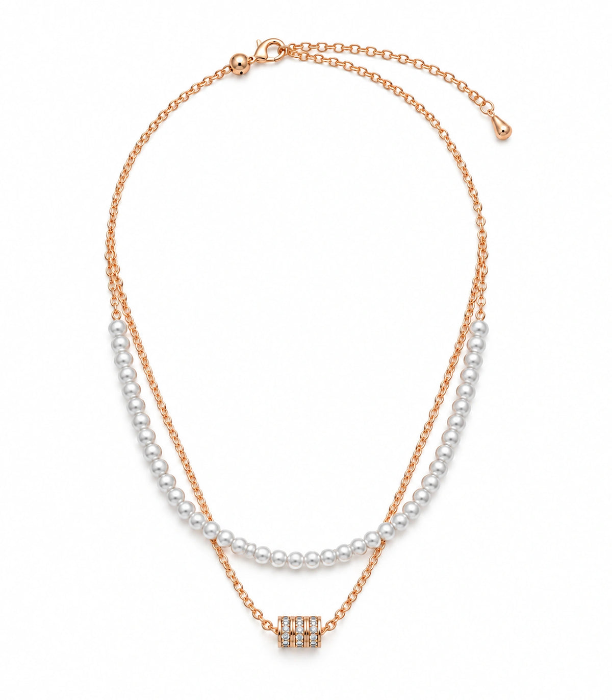 JIMIKI Rose-Gold Pearl and Crystal-Barrel Layered Necklace in Rose Gold - necklace on white #color_rose-gold