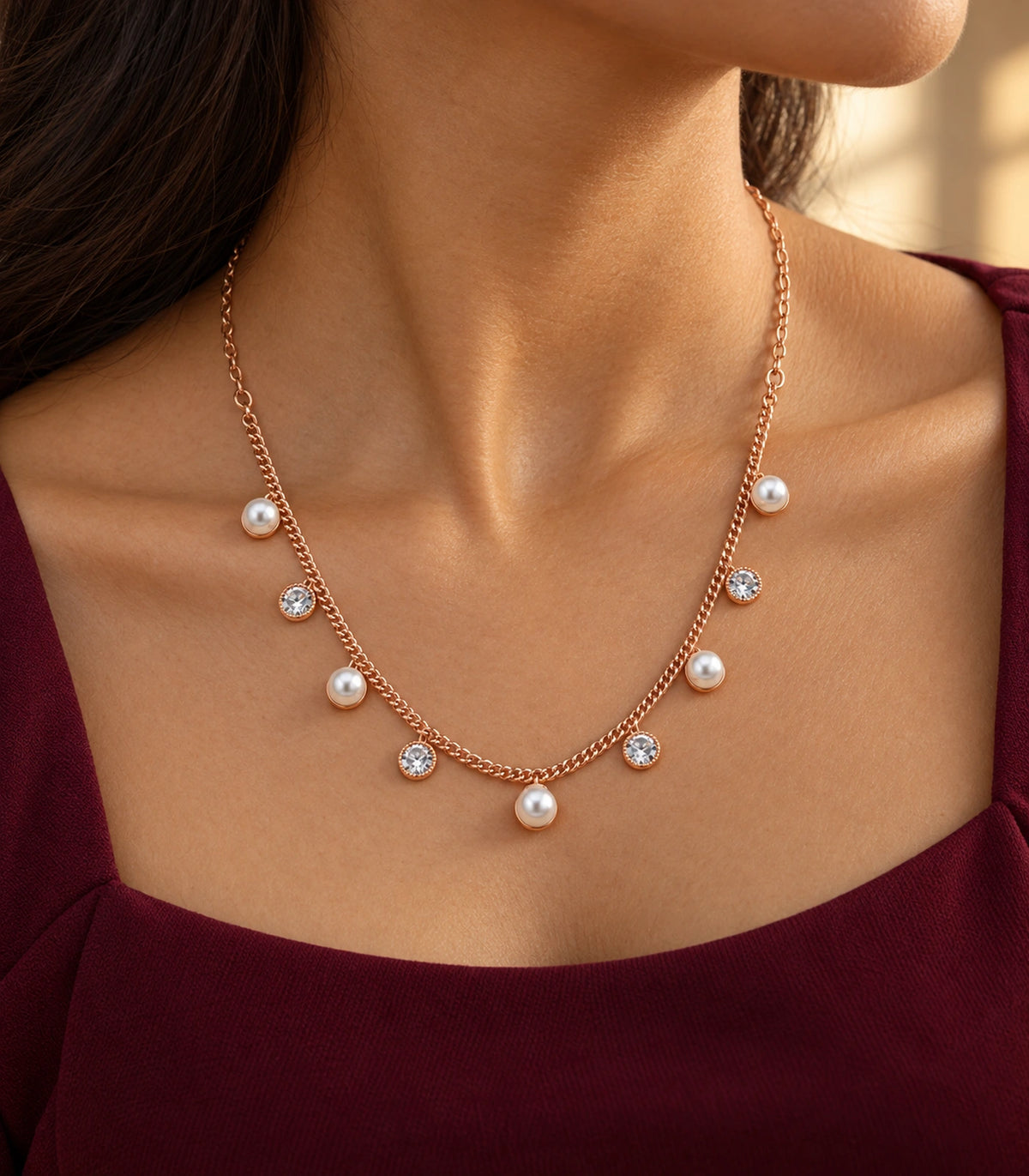 JIMIKI Rose Gold Pearl Round Crystal Charm Necklace in Rose Gold - editorial worn view #color_rose-gold