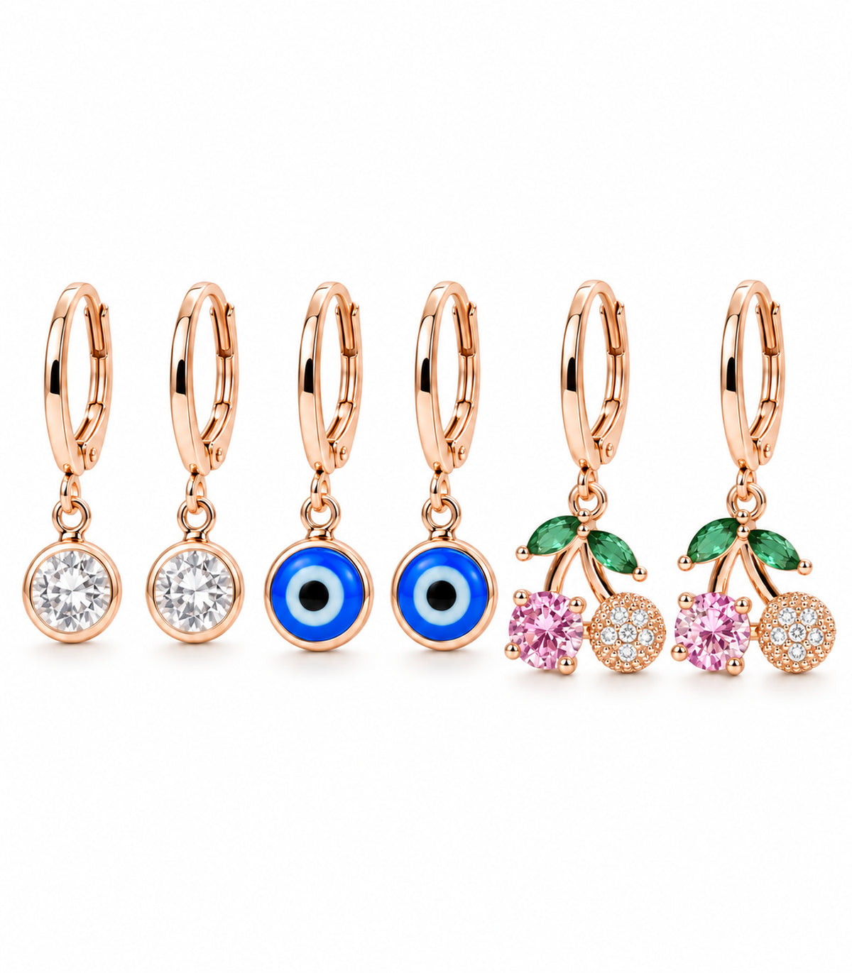Complete six-earring rose gold tone set: clear round, blue evil-eye and cherry floral charm hoop pairs on white