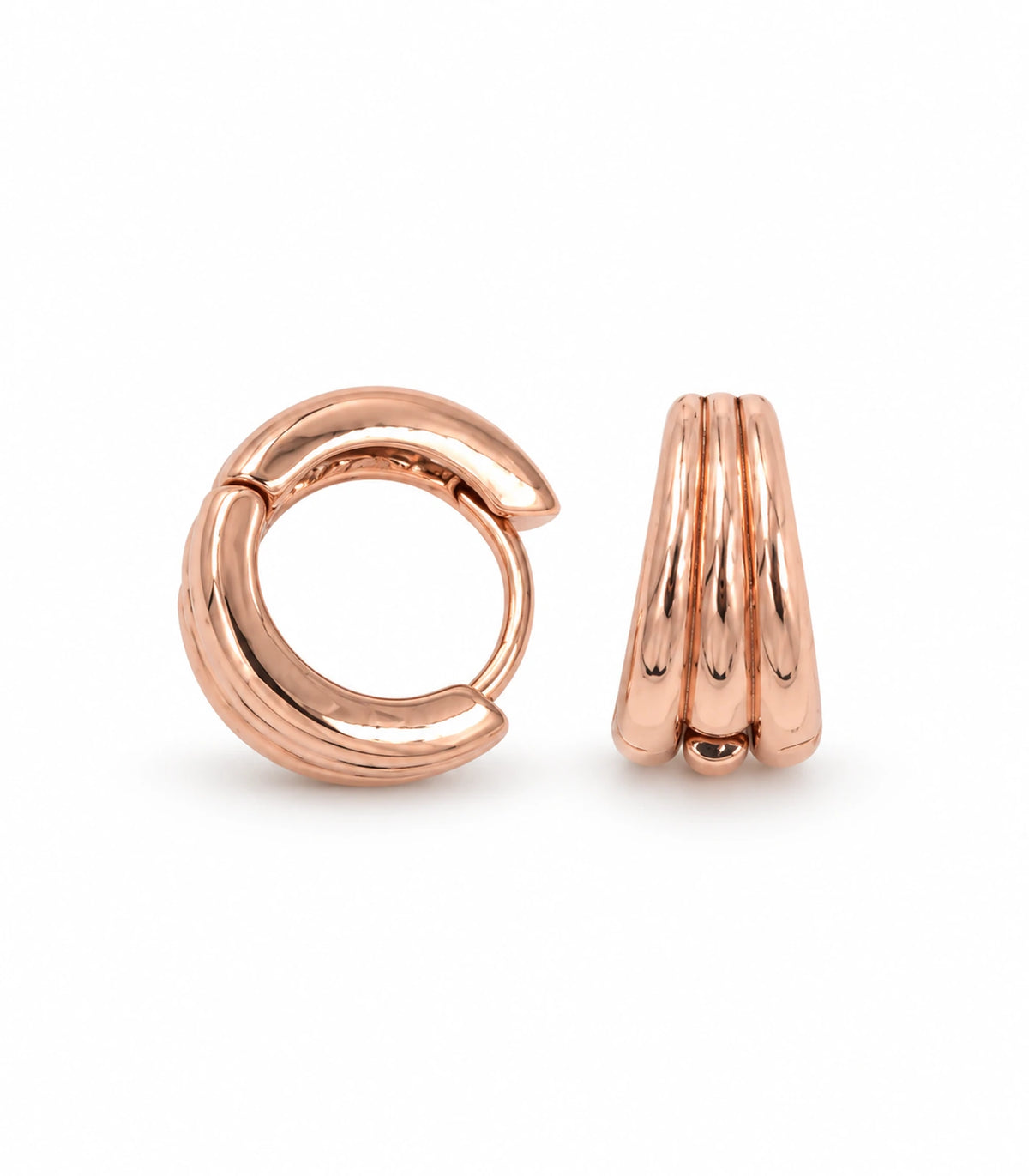 JIMIKI Triple-Ridge Huggie Hoop Earrings in Rose Gold Tone - white-background #color_rose-gold-tone