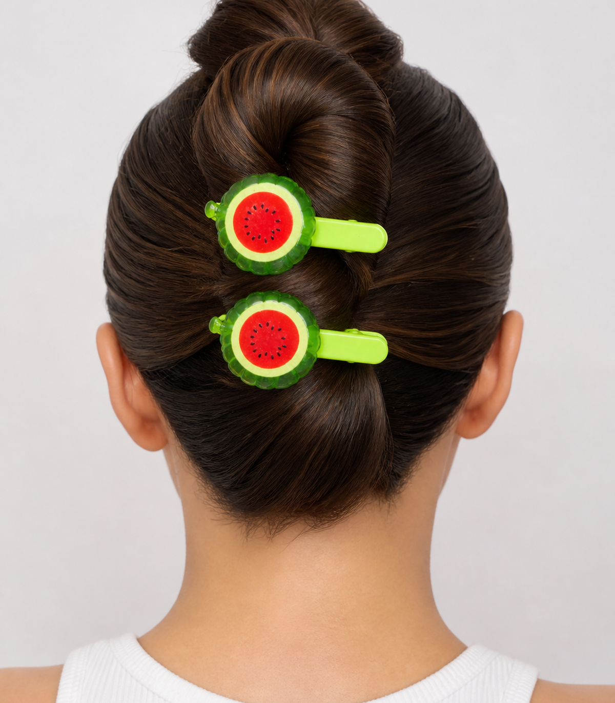 Round Watermelon Barrette Pair styled editorial view