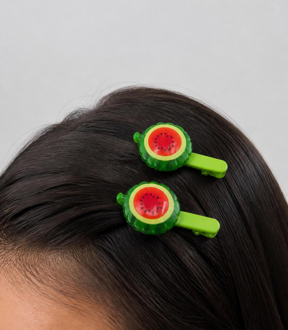 Round Watermelon Barrette Pair worn in hair