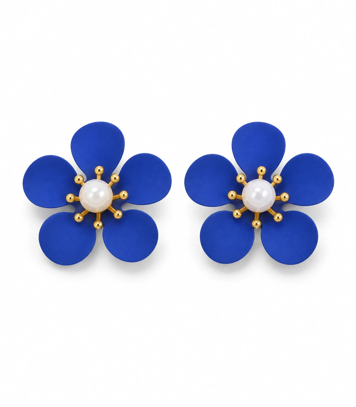 JIMIKI royal blue five-petal flower stud earrings with pearl-effect centre, matching flower stud pair on white #color_royal-blue