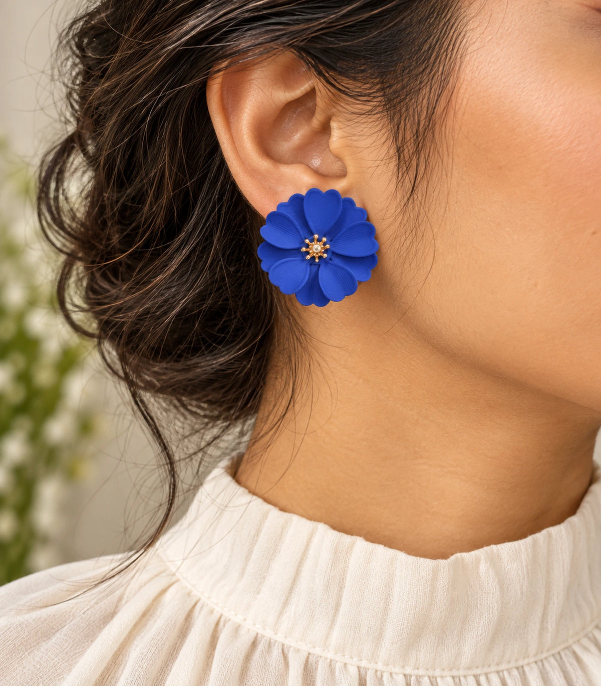 JIMIKI Royal Blue Layered Daisy Stud Earrings - earring worn in editorial styling #color_royal blue