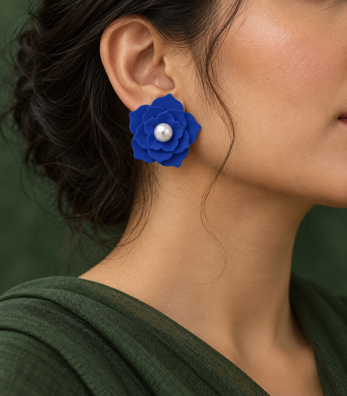 JIMIKI Layered Flower Pearl Stud Earrings, Royal Blue — earrings styled with an outfit #color_royal blue