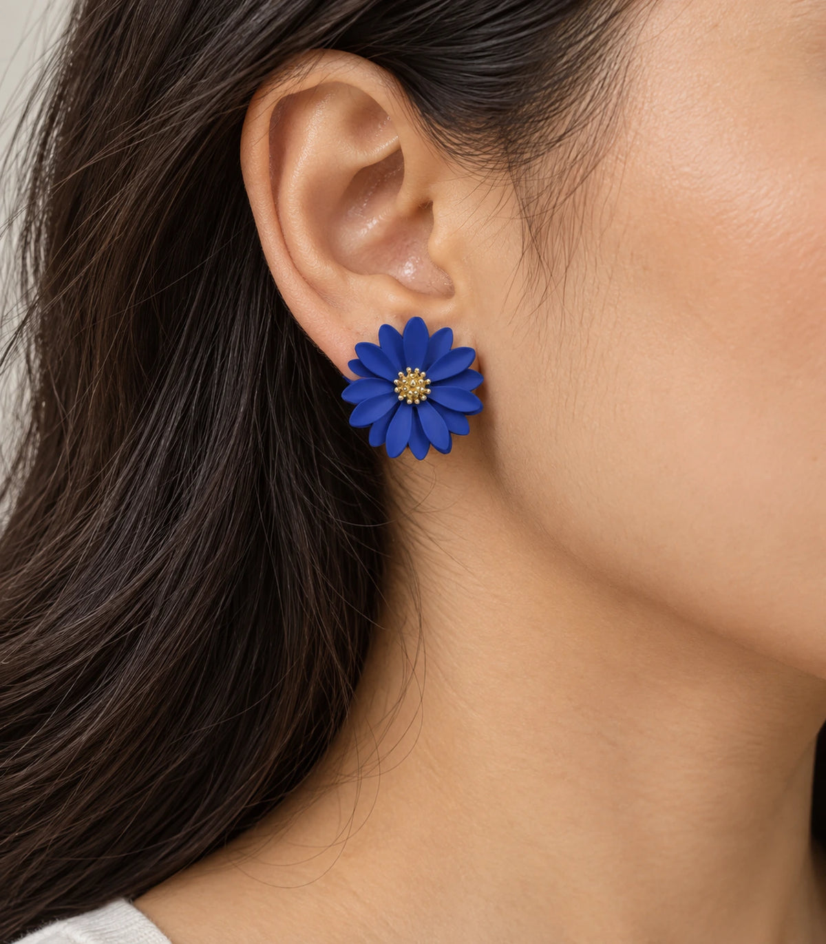 JIMIKI Royal Blue layered starburst daisy stud earrings, layered daisy stud worn at the ear #color_royal blue