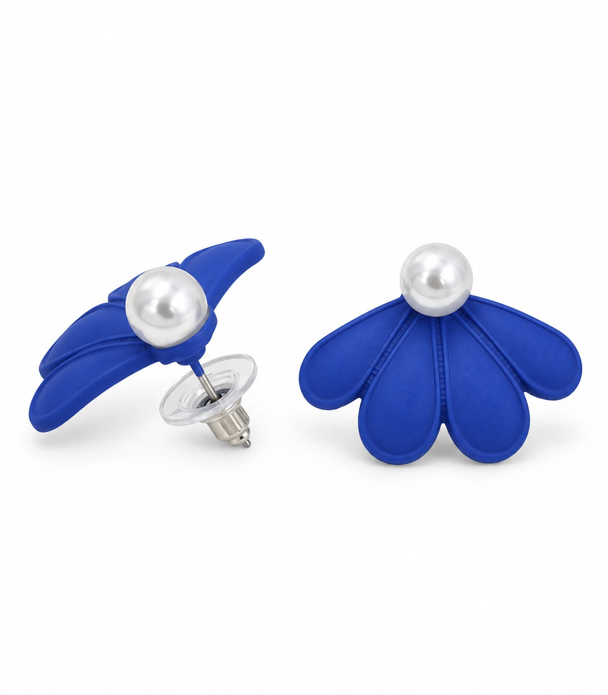 JIMIKI Royal Blue pearl fan petal stud earrings, pair on a white background #color_royal blue