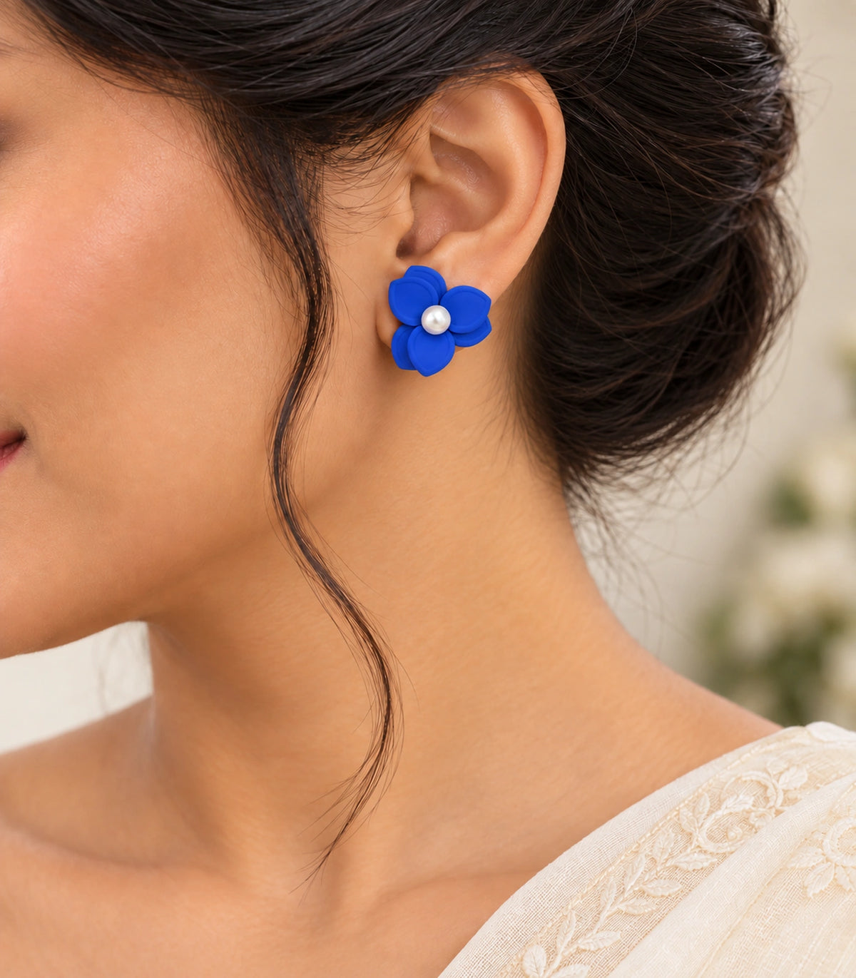 JIMIKI Royal Blue Triple Petal Pearl Flower Stud Earrings - earring worn in editorial styling #color_royal blue