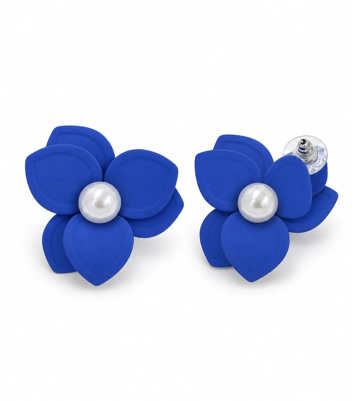 JIMIKI Royal Blue Triple Petal Pearl Flower Stud Earrings - pair on white background #color_royal blue