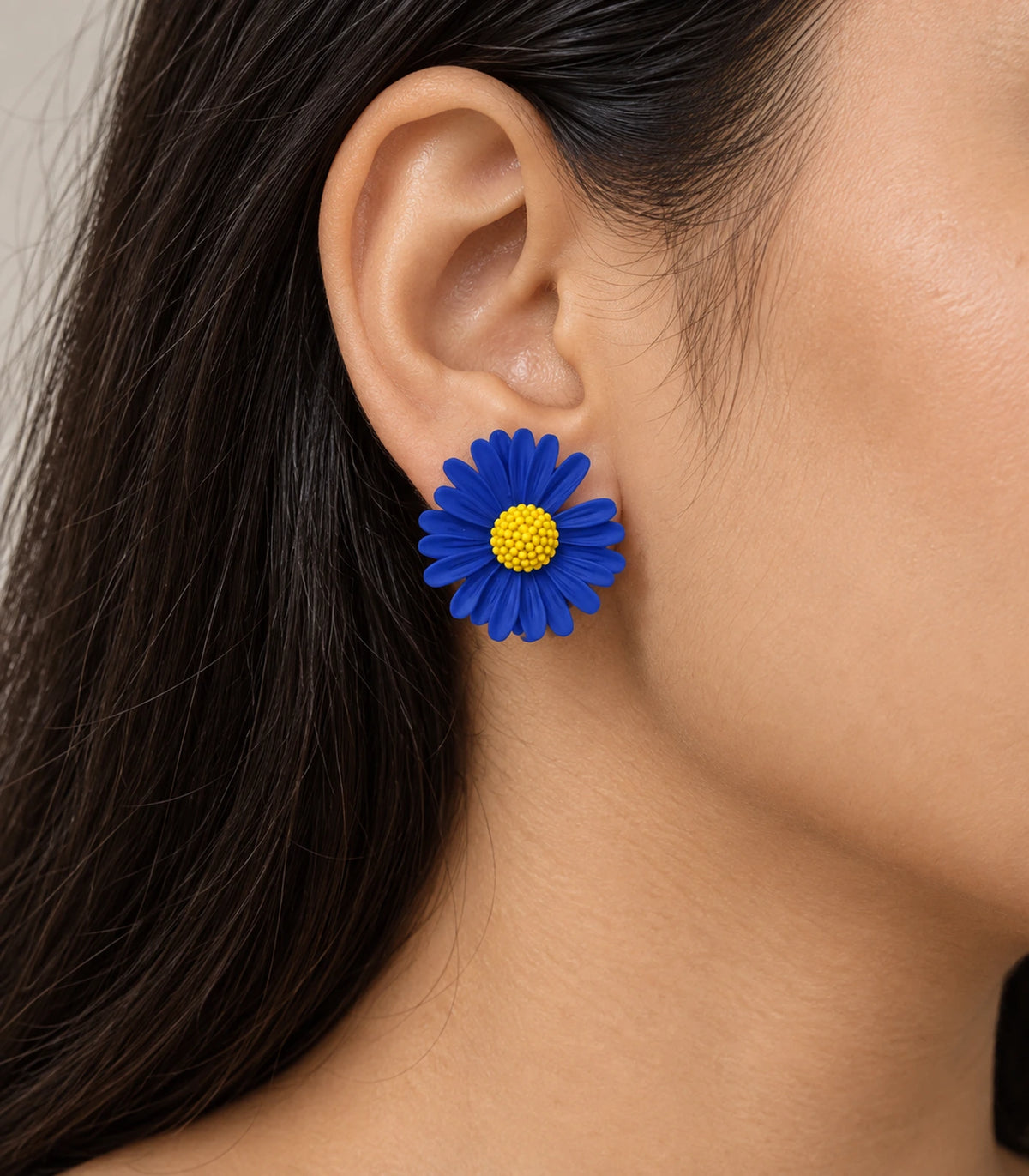 JIMIKI Royal Blue yellow centre daisy stud earrings, stud worn on the ear #color_royal blue