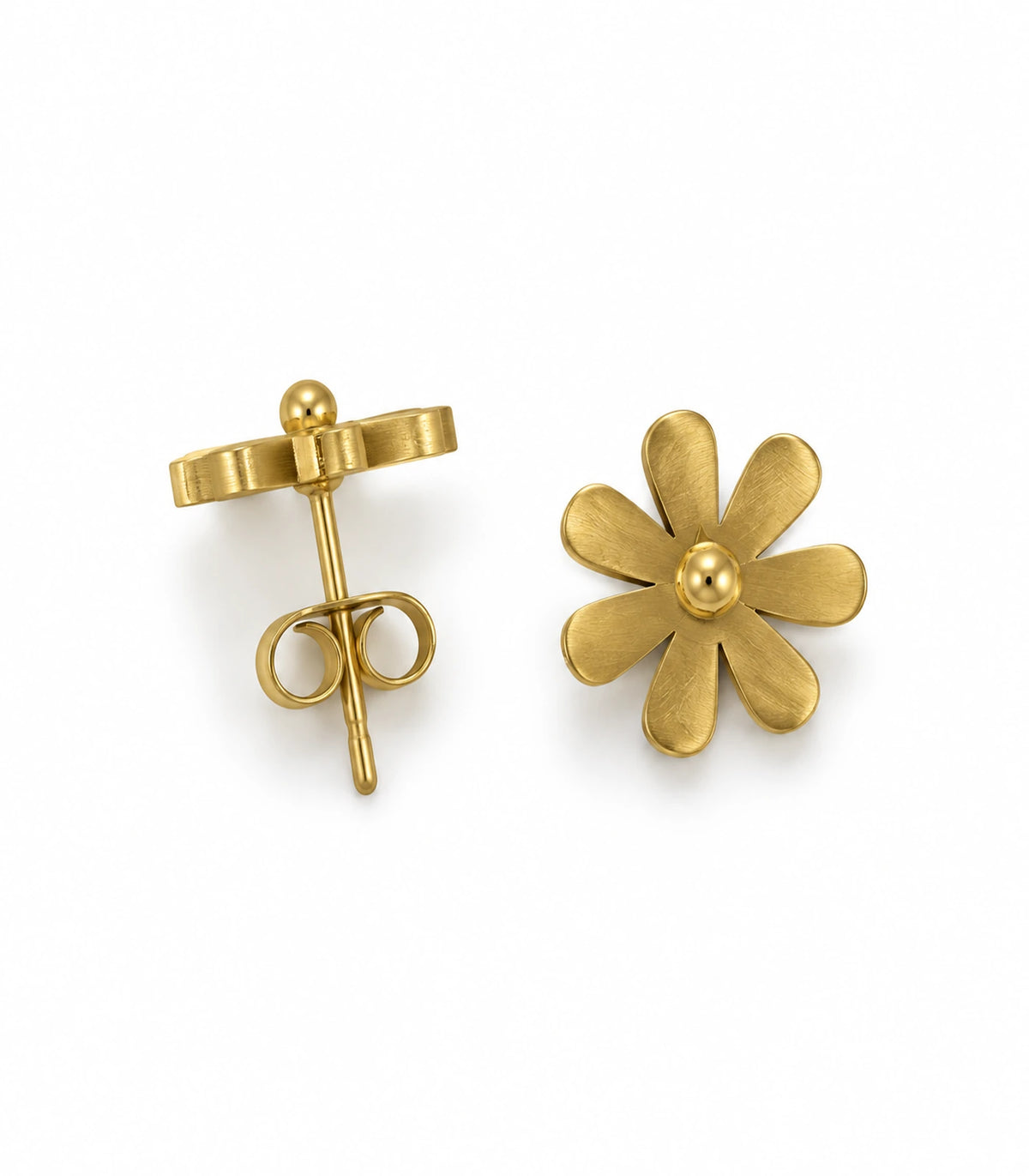 JIMIKI Satin Gold Seven-Petal Daisy Stud Earrings, pair showing seven-petal front and straight post with butterfly back #color_satin gold